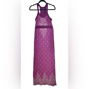 Athleta Rio Printed Purple Racerback Maxi Dress, Built-In Bra, Medium Tall (MT).